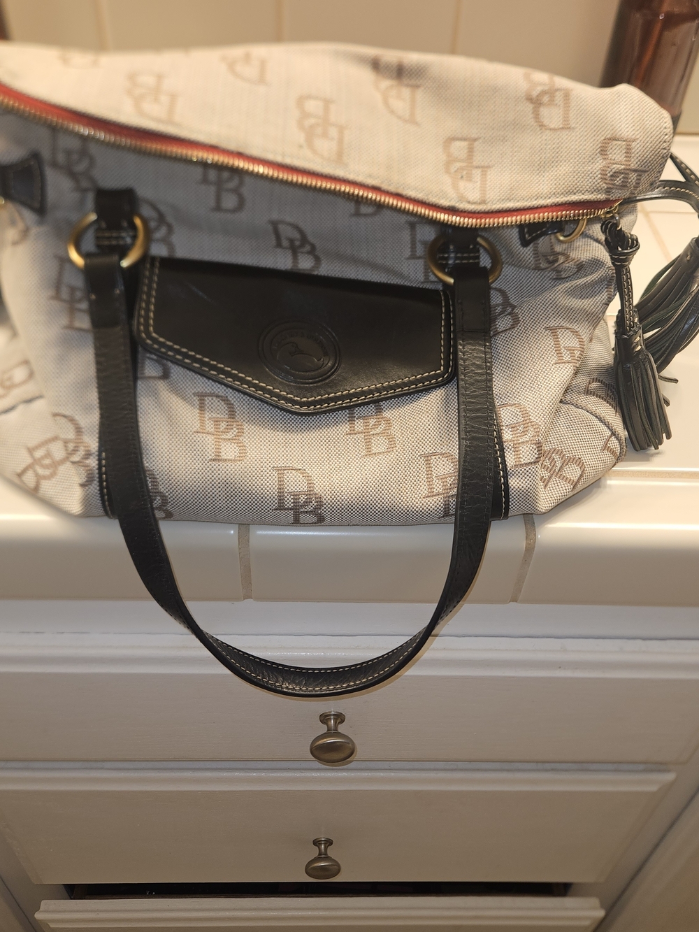 Dooney & Bourke Beige Logo Canvas Tote with Black Leather Trim- MAKE OFFER